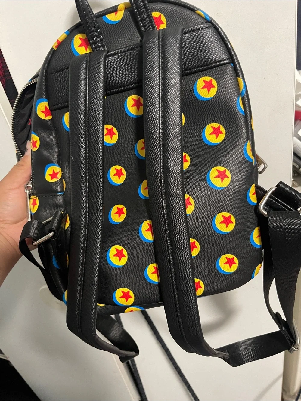 Disney Loungefly Black Bag with Yellow, Red & Blue Pixar Star Pattern